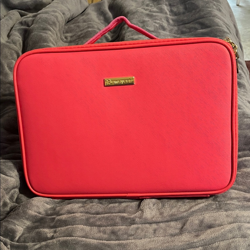 Coral Pink Travel Cosmetic Case with Gold Logo